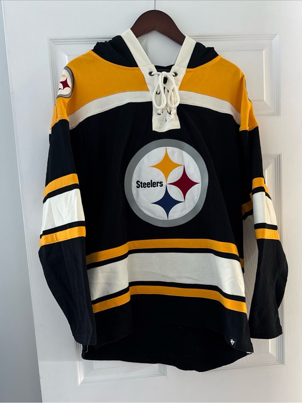 '47 Brand Pittsburgh Steelers Black and White Lace UpPullover Hoodie Sz Medium
